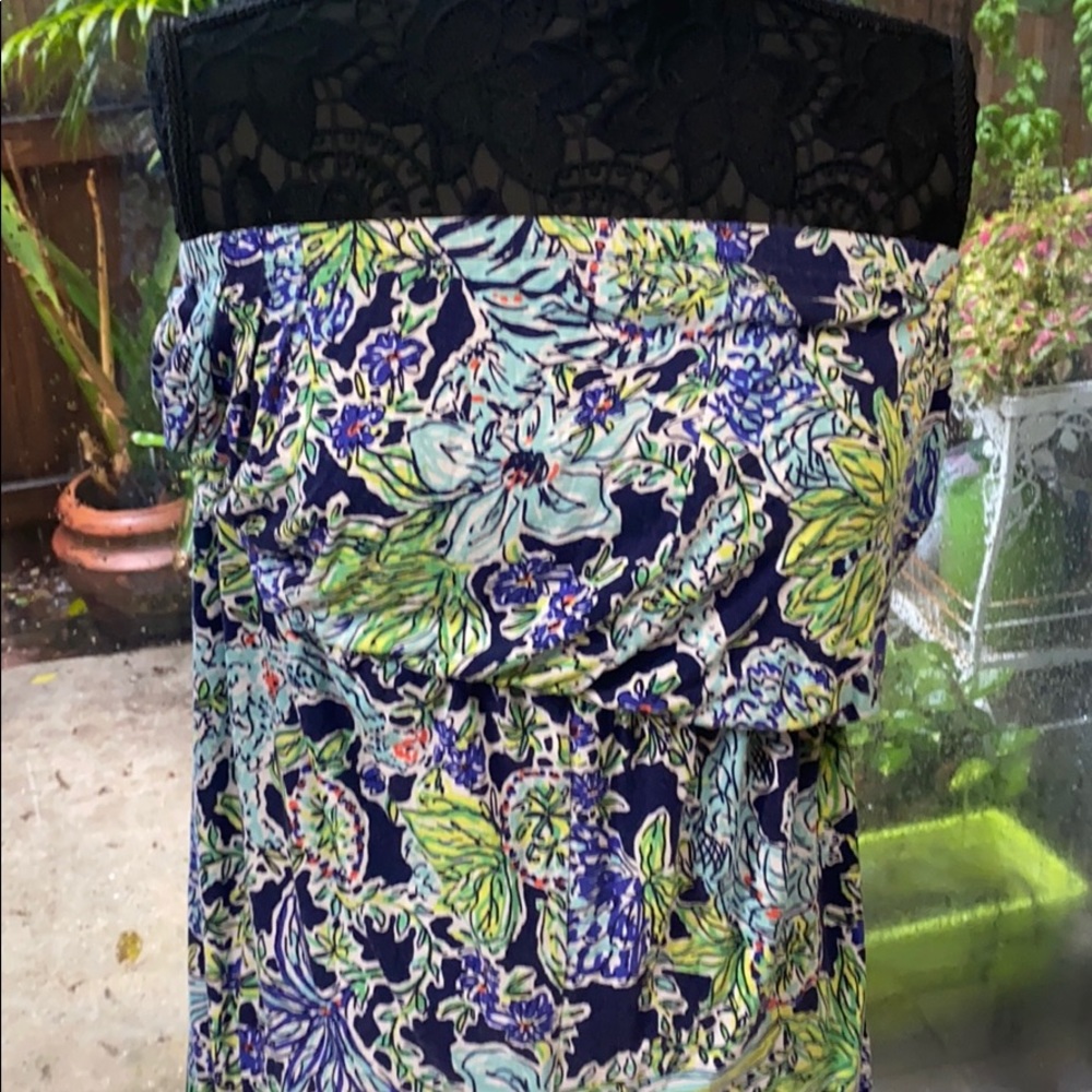 Lilly Pulitzer strapless jungle dress.